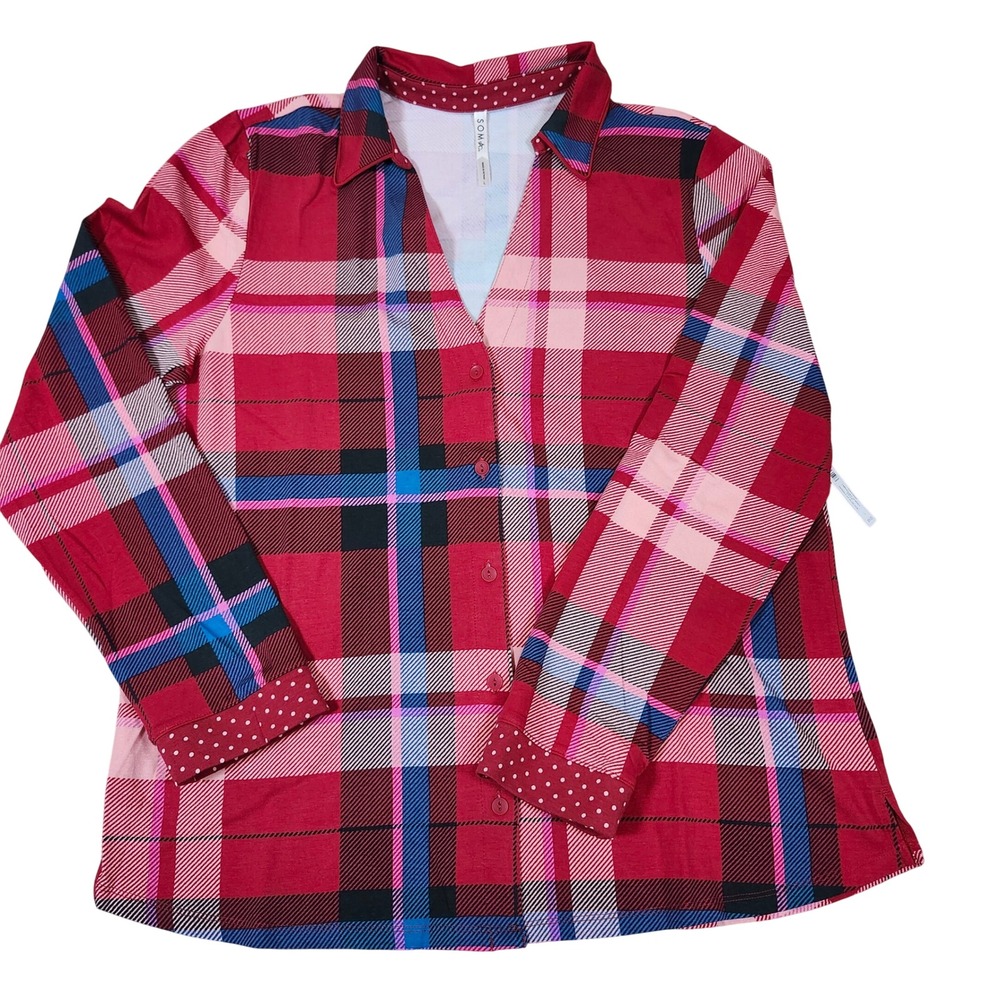 Soma Embraceable Snooze Up Plaid Red Notch‎ Collar Pajama Top Shirt L